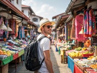 Exploring a vibrant market with fruits and crafts while wearing sunglasses and carrying a backpack