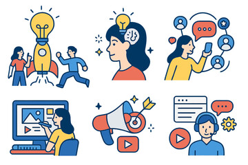 Illustrations of business idea development, innovation, and creativity, including social media, graphic design, web development, advertising, content management, and communication, in a vector format