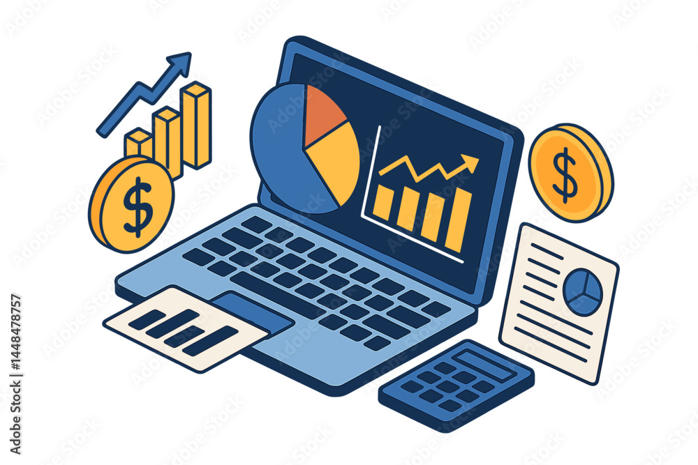 Fototapete Financial analytics and infographics appear on a laptop screen, featuring graphs, data analysis, and charts related to investment and trade, all presented in a 3D isometric vector format as a