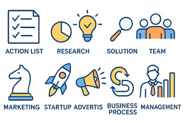 Fototapeta premium Line-style web icons for business strategy have been compiled, featuring business solutions icons for use in web and mobile apps, encompassing Action List, research, solution, team, marketing