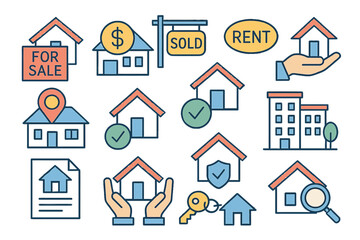 Fototapeta premium The Lineo Editable Stroke features icons for real estate and homes, which are vector-based and allow adjustments to stroke weight, scaling to any size, and colour changes