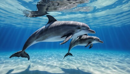 Fototapeta premium Dolphins swimming playfully in clear blue ocean water 