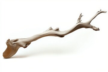 Naklejka premium Weathered driftwood branch with intricate curves and textures, isolated on a white surface. A natural, sculptural form
