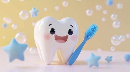 Smiling tooth character with toothbrush in a cheerful illustration.