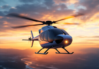 Helicopter against sunset sky