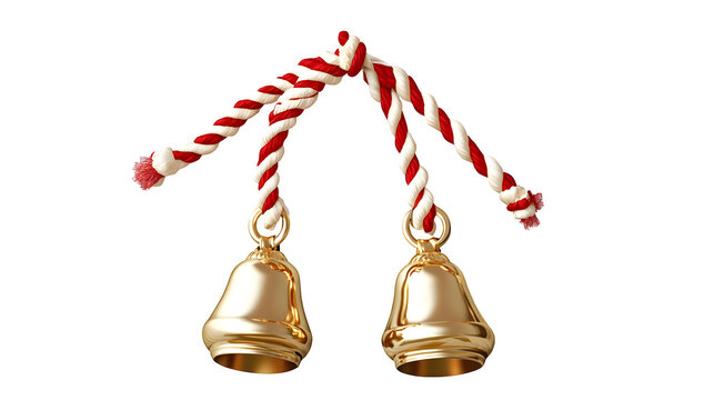 A traditional kagura bell set (suzu) tied with red and white braided rope, shiny gold spheres, isolated on transparent background