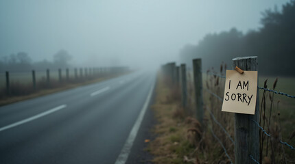 "I Am Sorry" Note on Fence Post by Foggy Road