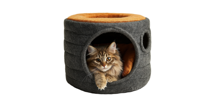 Cat In Cozy Felt Cat House. Feline Comfort And Pet Furniture Design Isolated On Transparent Background - Powered by Adobe