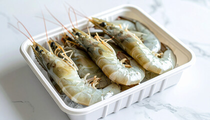 Una bandeja de deliciosa gamba blanca fresca y cruda recién pescada 