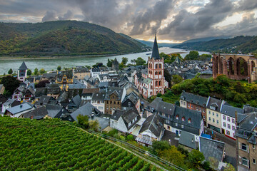 Half-timbered houses in a small village. Morning in the wine-growing region on the Rhine River, Bacharach, Hesse, Germany