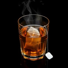 Close-up studio shot of a glass of tea with a tea bag inside, steam rising, on a black reflective surface. The glass is clear, with a faceted design, filled with a translucent amber liquid.