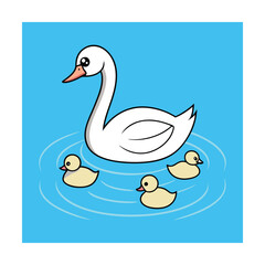 Beautiful swan cygnets calm blue water vector art illustration