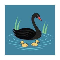 Beautiful swan cygnets calm blue water vector art illustration