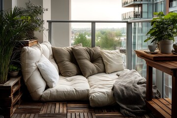 Serene Balcony Oasis: A cozy and tranquil city balcony setting with comfortable seating and lush greenery.