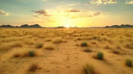 Naklejka premium Golden sunset over a serene desert landscape, with tufts of grass scattered across sandy ground under a vast sky.