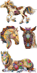 Zentangle horses. Hand drawn decorative vector illustration.