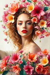 Female and flowers surreal art poster, abstract living room woman concept art for print