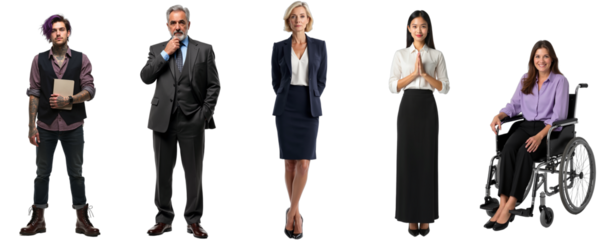 Diverse business team cutout, isolated on transparent background. Features inclusive professionals for corporate websites, HR materials, and diversity initiatives.