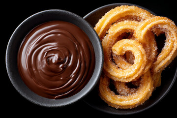 Fototapeta premium Delicious Churros with Chocolate Sauce on Black Background - Top View
