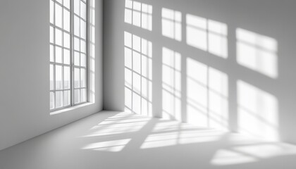 Empty room with large windows, sunlight casts shadows
