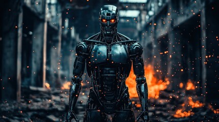 Cybernetic Terminator in Post-Apocalyptic Ruin