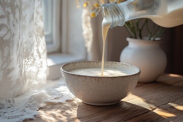 Morning Cream Poured into Ceramic Bowl on Rustic Farmhouse Kitchen Table