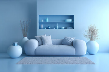 Modern Blue Monochrome 3D Space Rendering with Sofa Design