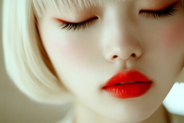 Fototapeta premium Short trim - blond hair. Commercial ad idea design idea idea. Lovely calm mixed-race girl - for ads, media and internet marketing use. Bold style campaigns. Beauty and fashion ads. Glam look.