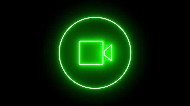 Light green neon style icon showcases a bold video camera with a square body and triangular lens, illuminated in purple tones on a striking black background