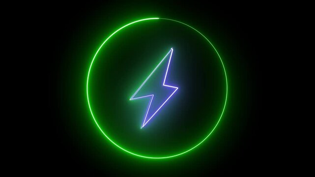 Minimalist and powerful design of a neon blue charging symbol, with a lightning bolt encased in a radiant circle, glowing vividly against a black background.