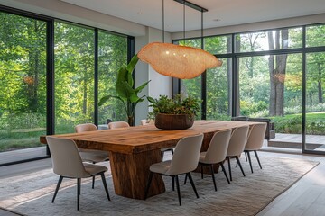 Fototapeta premium Rustic Dining Room With Reclaimed Table, Designer Chairs, And Garden Window Views