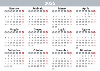Calendar 2026 Year mockup. Italian version. Annual horizontal template with round days of the week. Modern design. Editable format. EPS10.