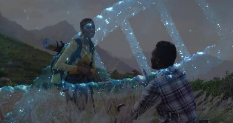 Hiking partners exploring digital DNA helix hovering above meadow at dusk, highlighting biotech - Powered by Adobe