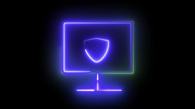 Modern animated neon outline of a computer with a shield symbolizing computer security and safety. Ideal for computer security companies, apps, or digital services.