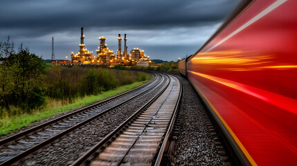 Naklejka premium Red train beside industrial complex