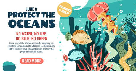 World Oceans Day Horizontal Banner Featuring Jellyfish, Tropical Fish and Seaweed for Marine Biodiversity Awareness. Perfect for Ocean Conservation Campaigns and Educational Projects.