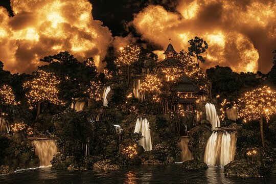 floating islands with waterfalls cascading into the firmament