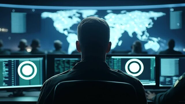 A missile control center deep inside a European military complex, with officers monitoring global threats on digital war-room screens.