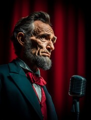 A person in a suit stands in front of a microphone against a red backdrop.