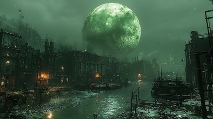 Gloomy Moon Over Decayed City with River Landscape View