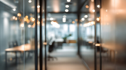 Blurred office interior scene with doorway modern workspace professional environment depth perspective