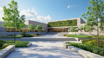 Fototapeta premium modern eco-friendly building exterior with green wall and garden 