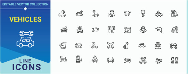 Cars icon set. Related to vehicle, automobile, car, taxi, transport and more. Hybrid Car related icon set. Minimal linear icons. Vector illustration. Pixel perfect.