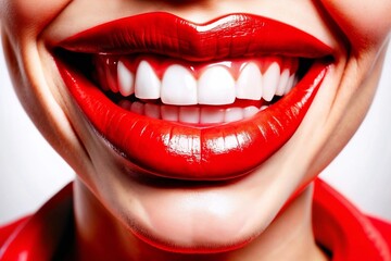 Obraz premium Bright smile with red lipstick against a white background 