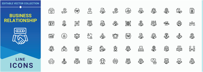 Business Relationship icon set. Vector icons collection. Contain linear sign cooperation, business, communication, partnership, teamwork. Editable vector illustration. Cooperation icon set.