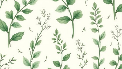 Fototapeta premium Elegant Botanical Pattern: Green Leaves and Stems on Soft White, Ideal for Backgrounds and Subtle Natural Designs 