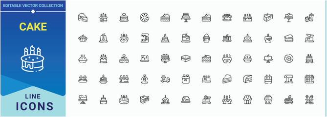 Set of Cake line icon. Includes symbols for celebrate, birthday, bake, dessert, confectionery, food and more. Modern thin line style icons. Celebrate line icon set. Editable stroke. Pixel Perfect.