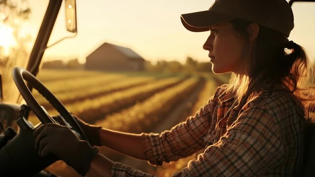 Young woman farmer driving a tractor through a sunlit field, with a barn symbolizing sustainable organic agriculture practices. Video made using Generative AI.