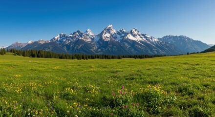 Fototapeta premium Panorama of a mountain range over green field with wildflowers
