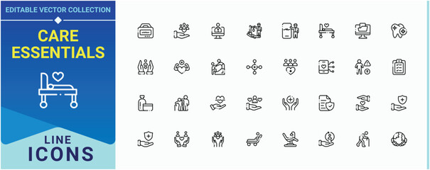 Care Essentials icon set. Featuring cosmetic, moist, health, care, dermatology and more. Care Products linear icon set. Editable vector illustration.